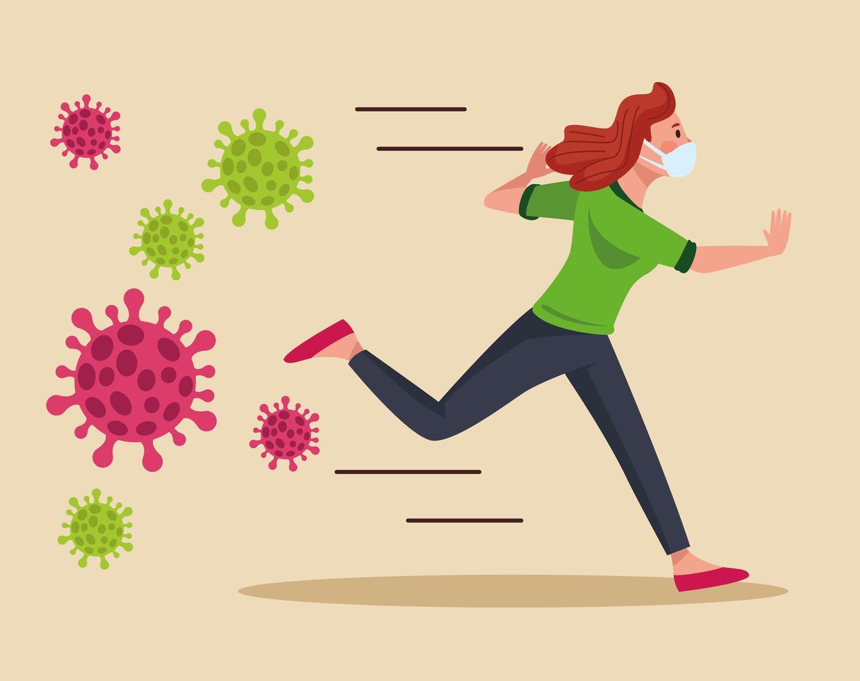 woman wearing medical mask running with covid19 particles vector