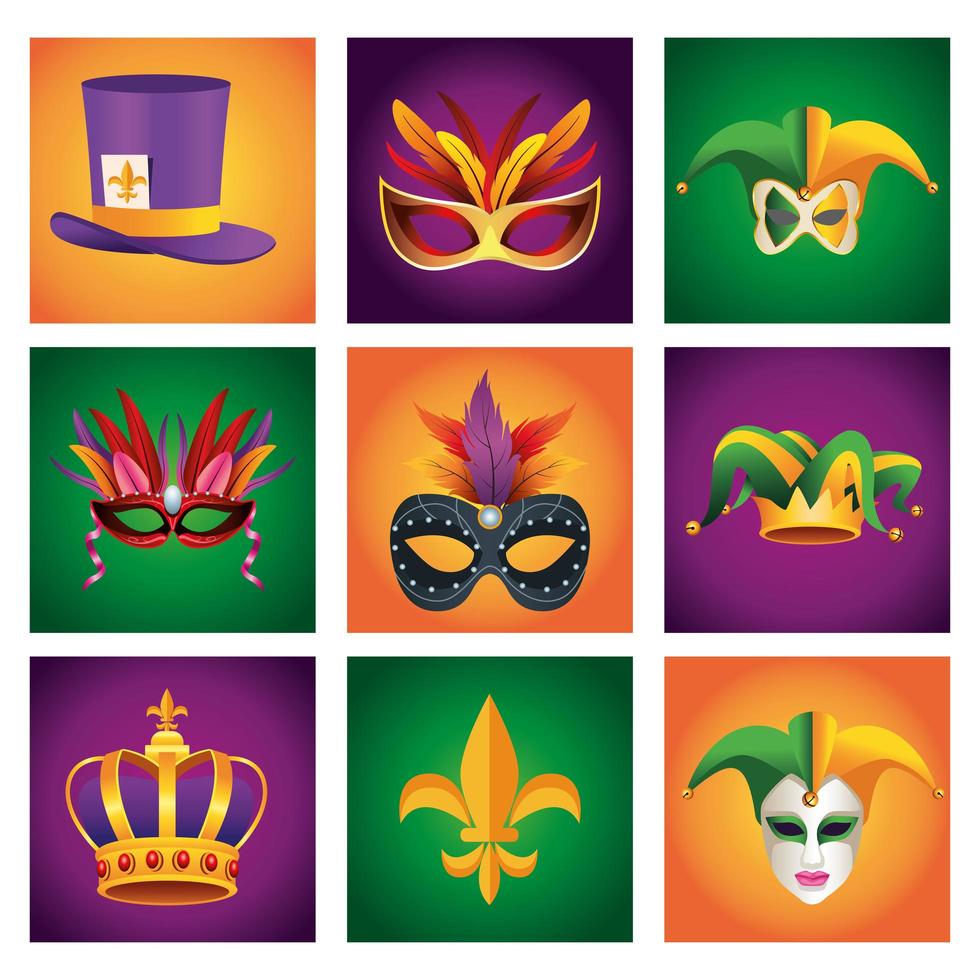 paquete de nueve iconos de conjunto de celebración de carnaval de mardi gras vector