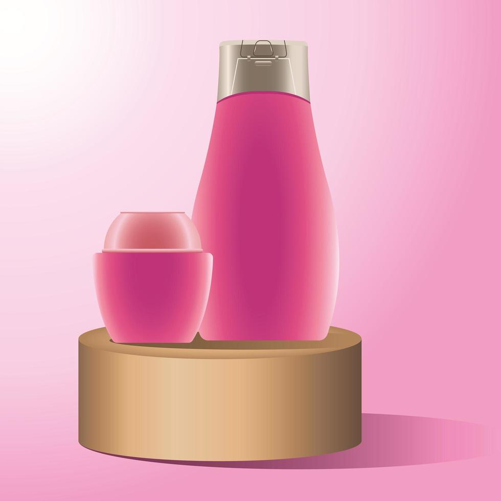 skin care pot and bottle pink products in golden stage vector