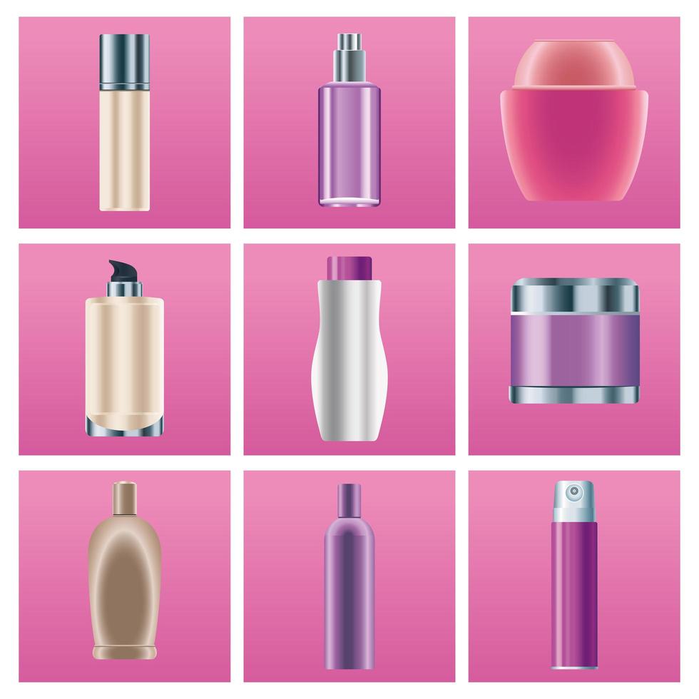 bundle of nine skin care bottles products icons vector