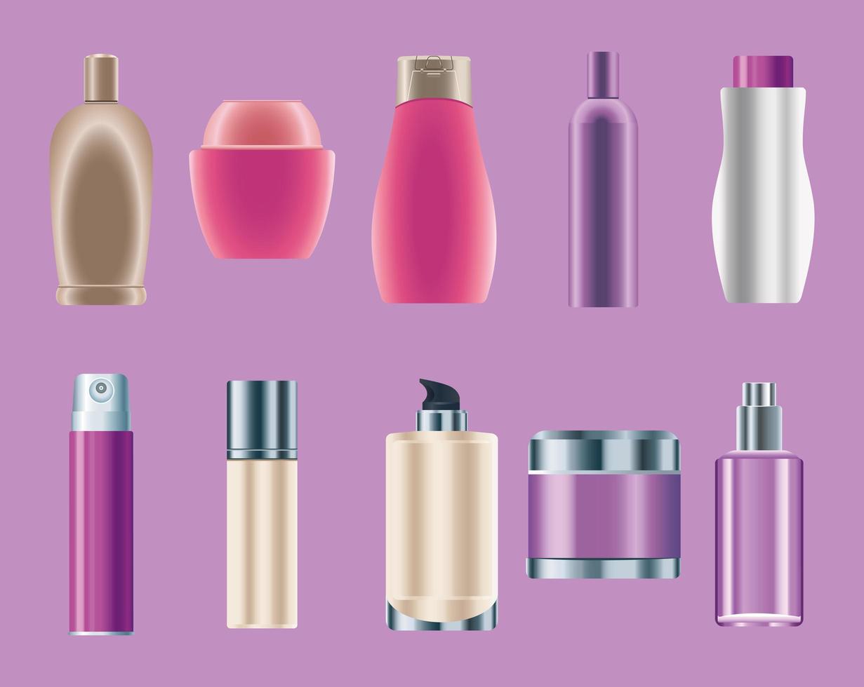 Conjunto de diez iconos de productos de botellas para el cuidado de la piel vector
