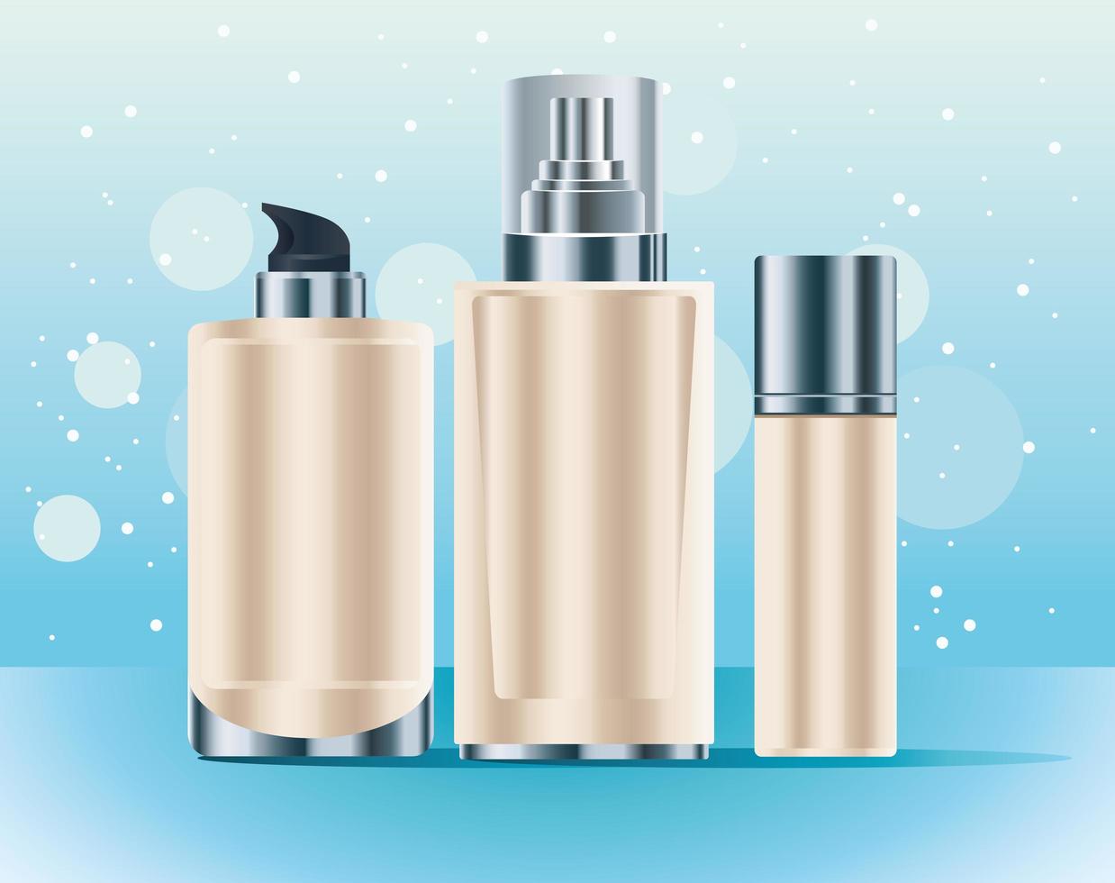 Conjunto de tres iconos de productos de color crema de botellas para el cuidado de la piel vector