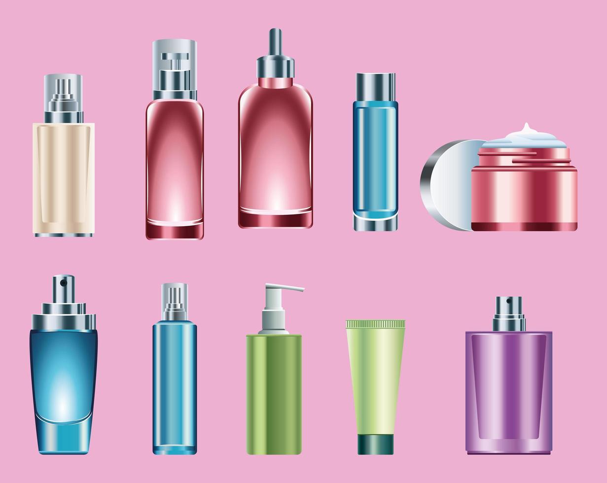 bundle of ten skin care bottles products vector