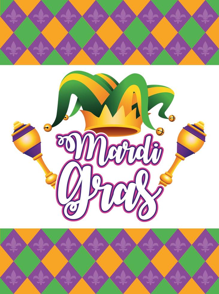 mardi gras carnival lettering with jester hat and maracas vector