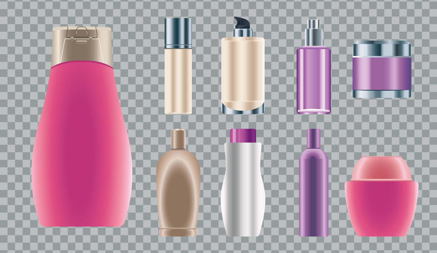 conjunto de nueve iconos de productos de botellas para el cuidado de la piel vector