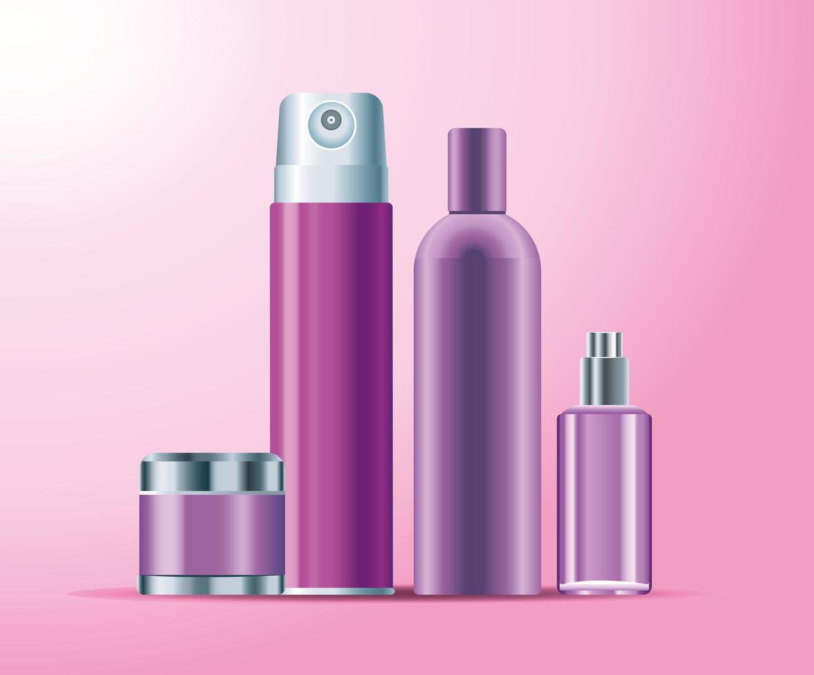 set of four skin care bottles purple color products icons vector