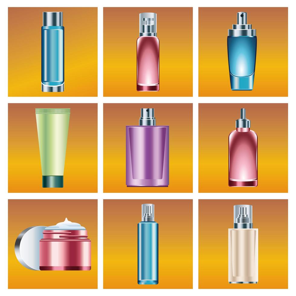 bundle of nine skin care bottles products vector