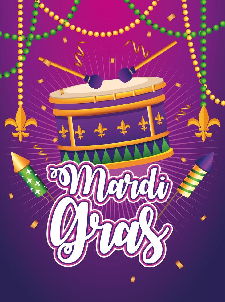 Letras de carnaval de Mardi Gras con fuegos artificiales y tambor. vector
