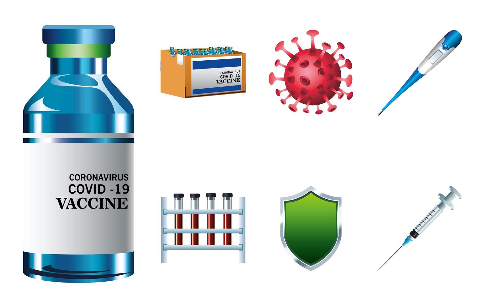 paquete de siete iconos de conjunto de vacuna contra el virus covid19 vector