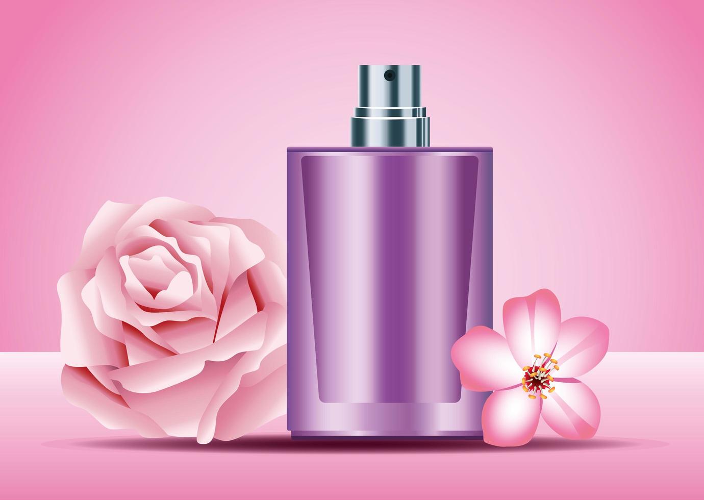 purple skin care spray bottle product with pink flowers vector