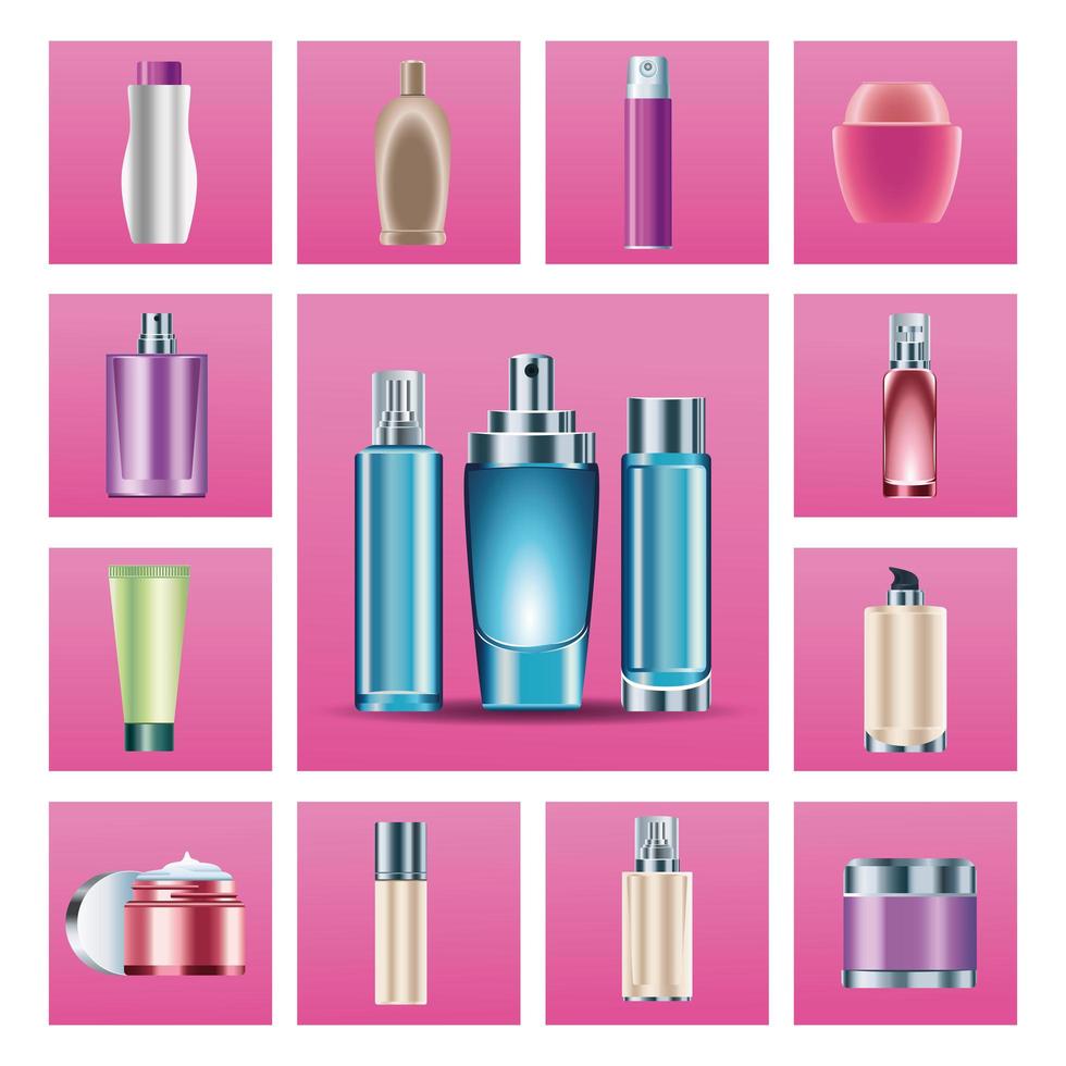 bundle of fifteen skin care bottles products icons vector