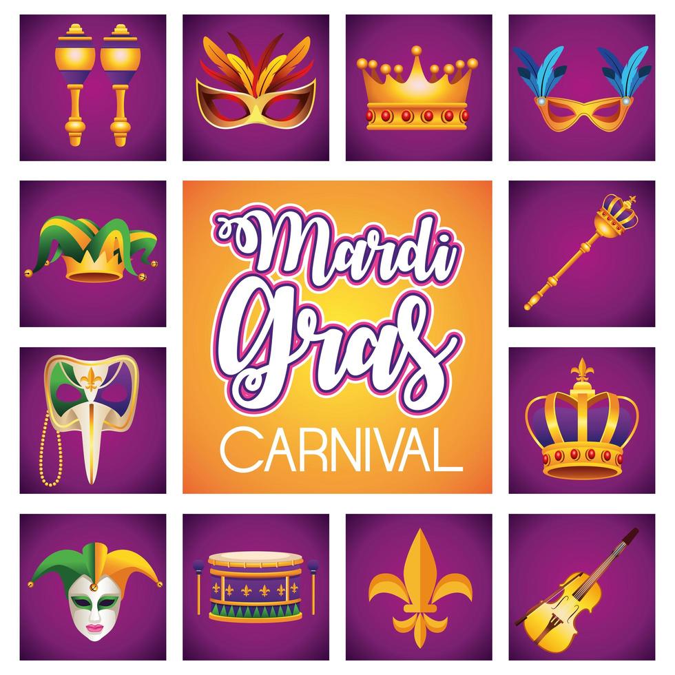 Letras de carnaval de Mardi Gras con doce iconos vector
