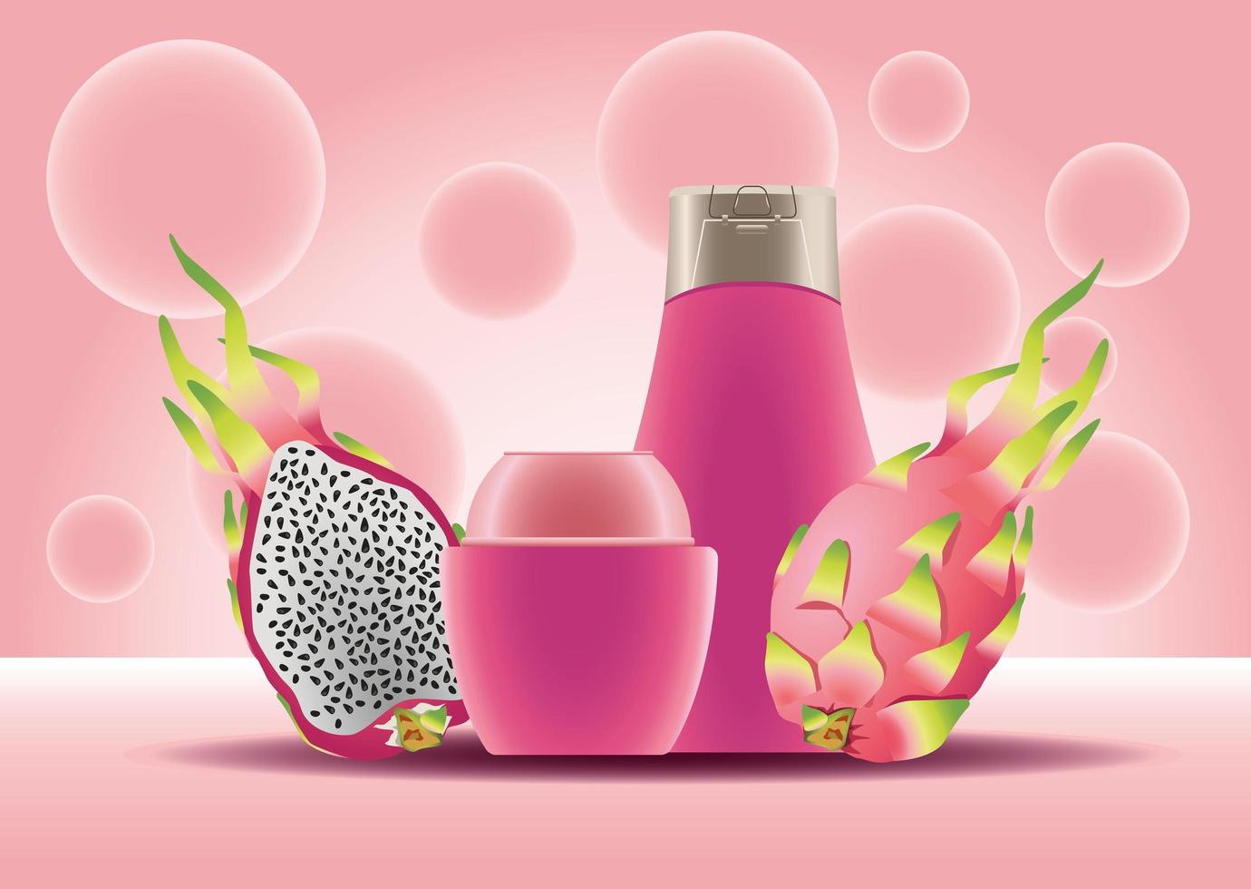 skin care pot and bottle pink products and dragon fruits vector