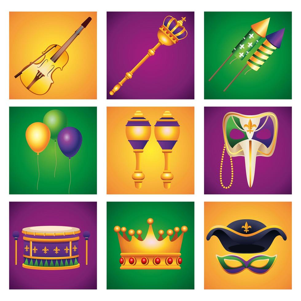 bundle of nine mardi gras carnival celebration set icons vector