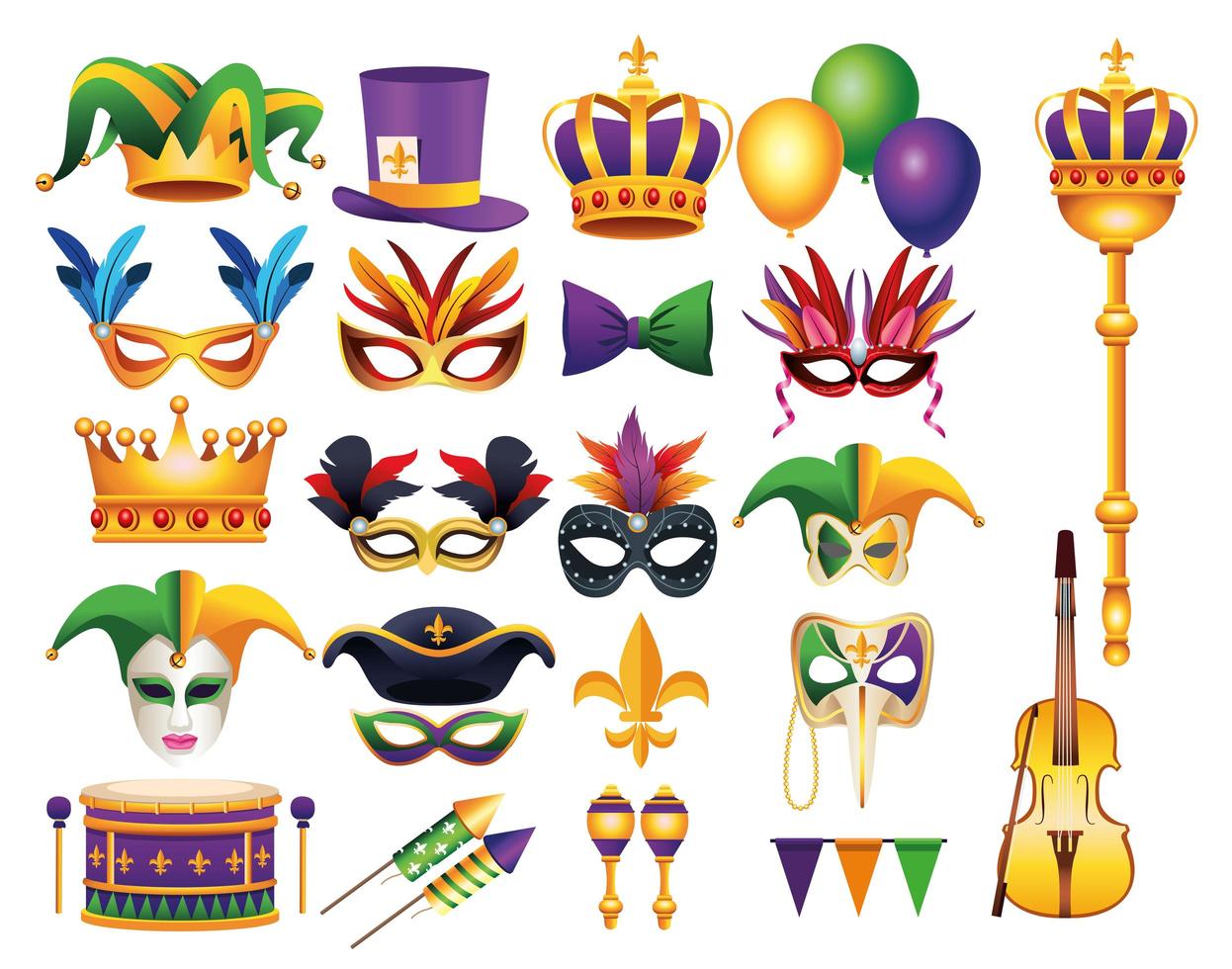 Paquete de veintidós iconos de celebración de carnaval de mardi gras vector