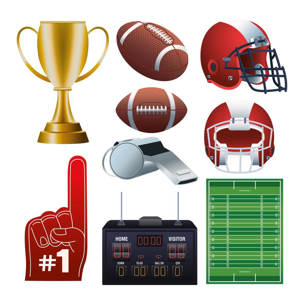 paquete de nueve iconos de conjunto de super bowl vector