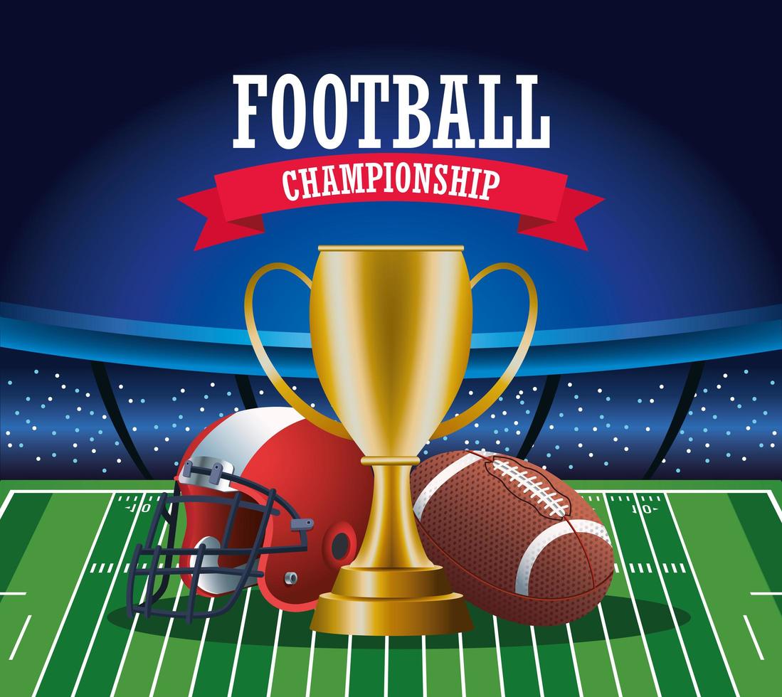 super bowl american football sport lettering with trophy and equipment vector