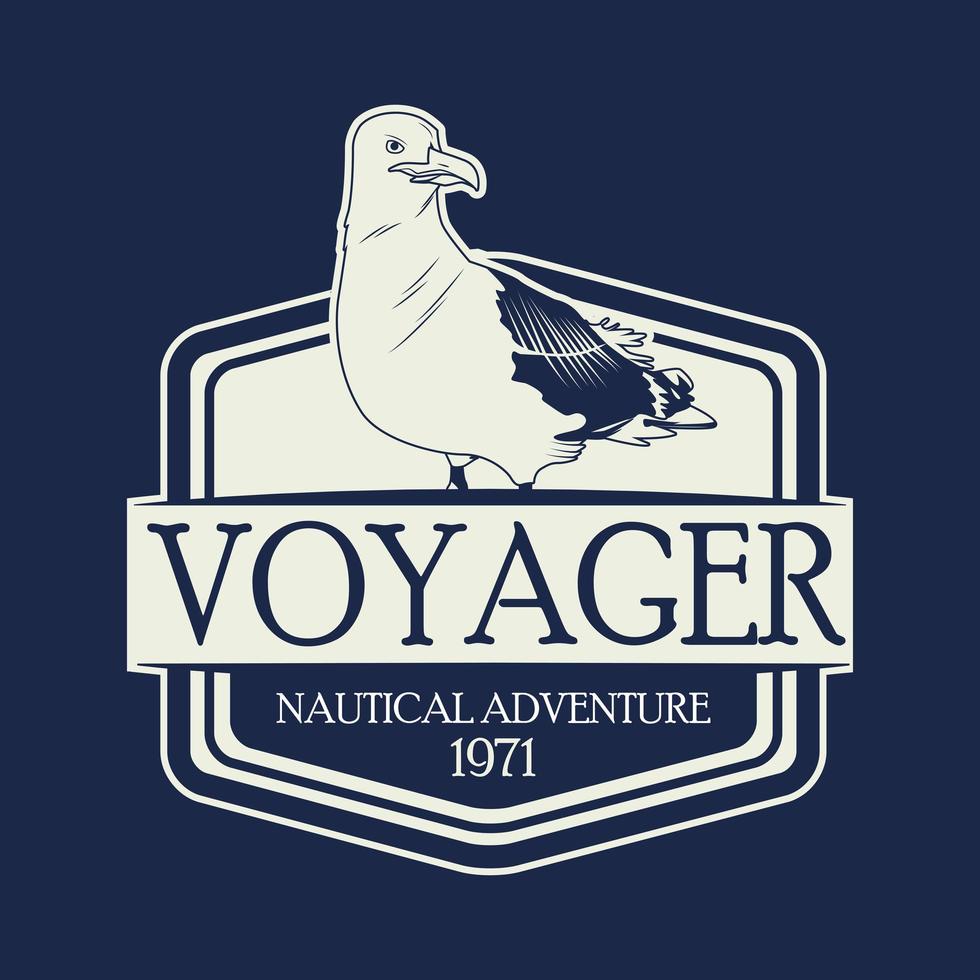 Emblema náutico de aves gaviota en fondo azul. vector