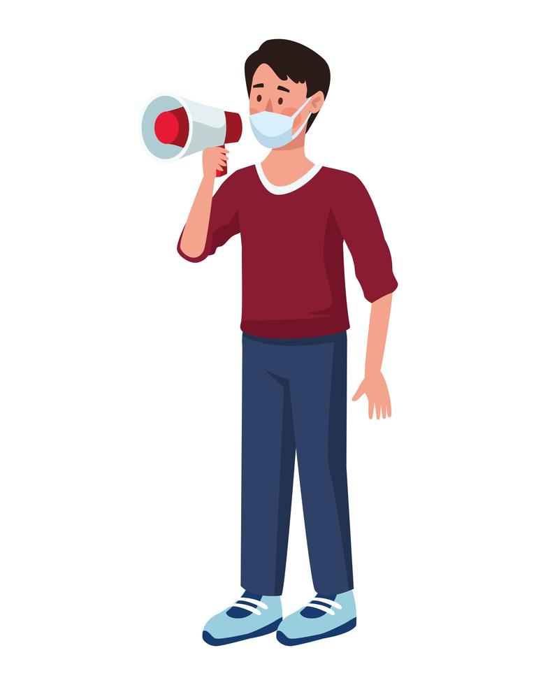 man wearing medical mask with megaphone character vector