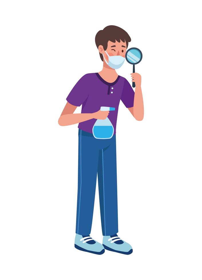 man wearing medical mask with magnifying glass and spray bottle vector