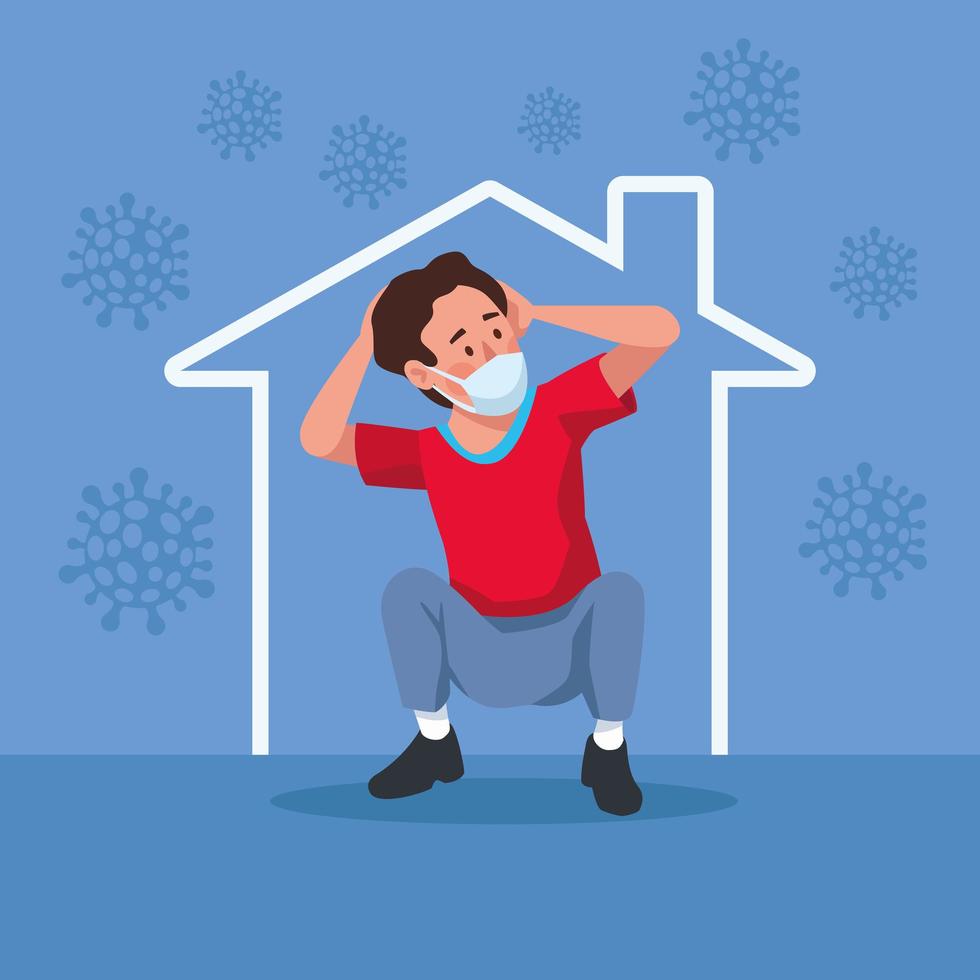man wearing medical mask stressed in the house character vector