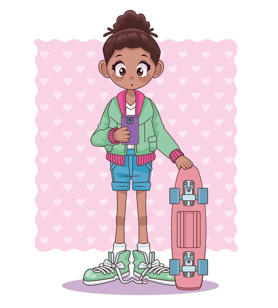 afro teenager girl with skateboard anime character vector
