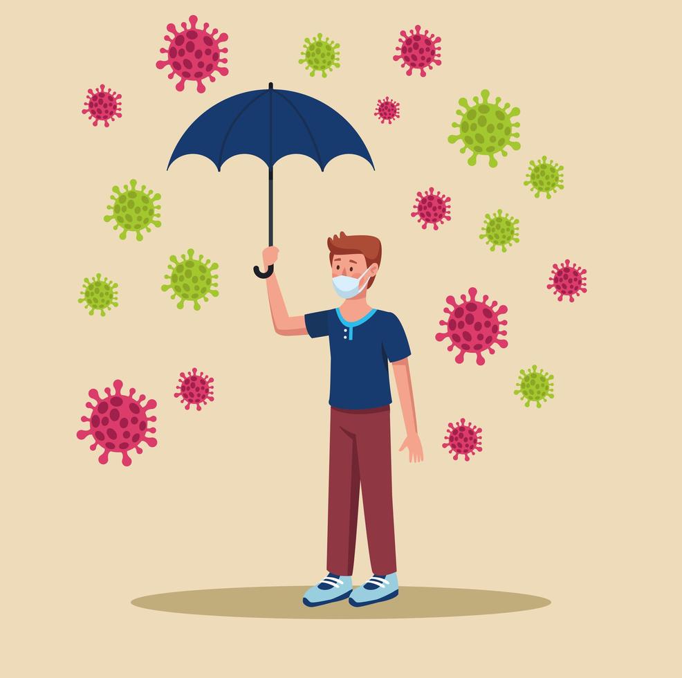 man wearing medical mask with umbrella and covid19 particles vector
