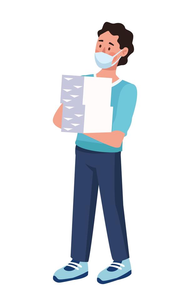 man wearing medical mask lifting documents character vector