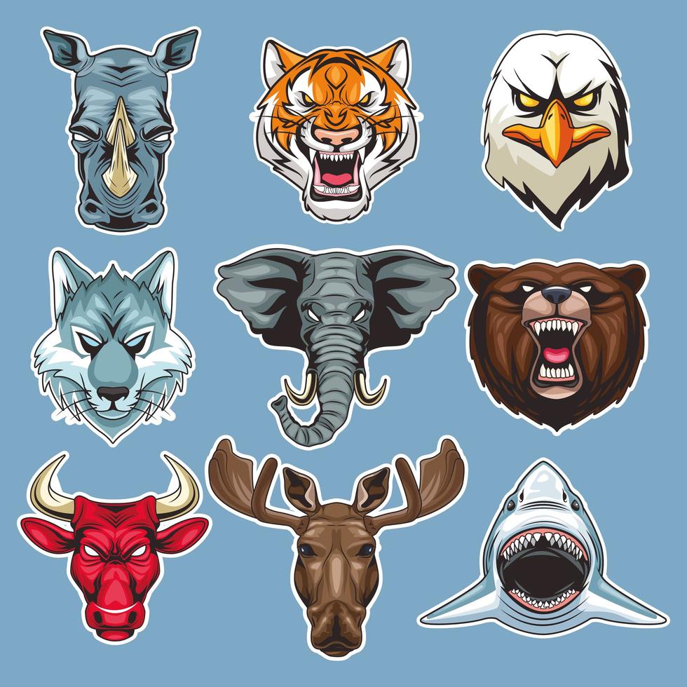 Paquete de nueve personajes de cabezas de animales salvajes en fondo azul vector