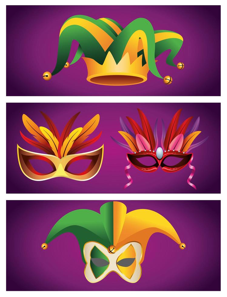 Paquete de sombreros y máscaras de celebración de carnaval de Mardi Gras establecer iconos vector