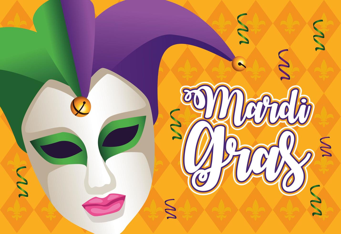 Letras de carnaval de Mardi Gras con máscara femenina de bufón vector