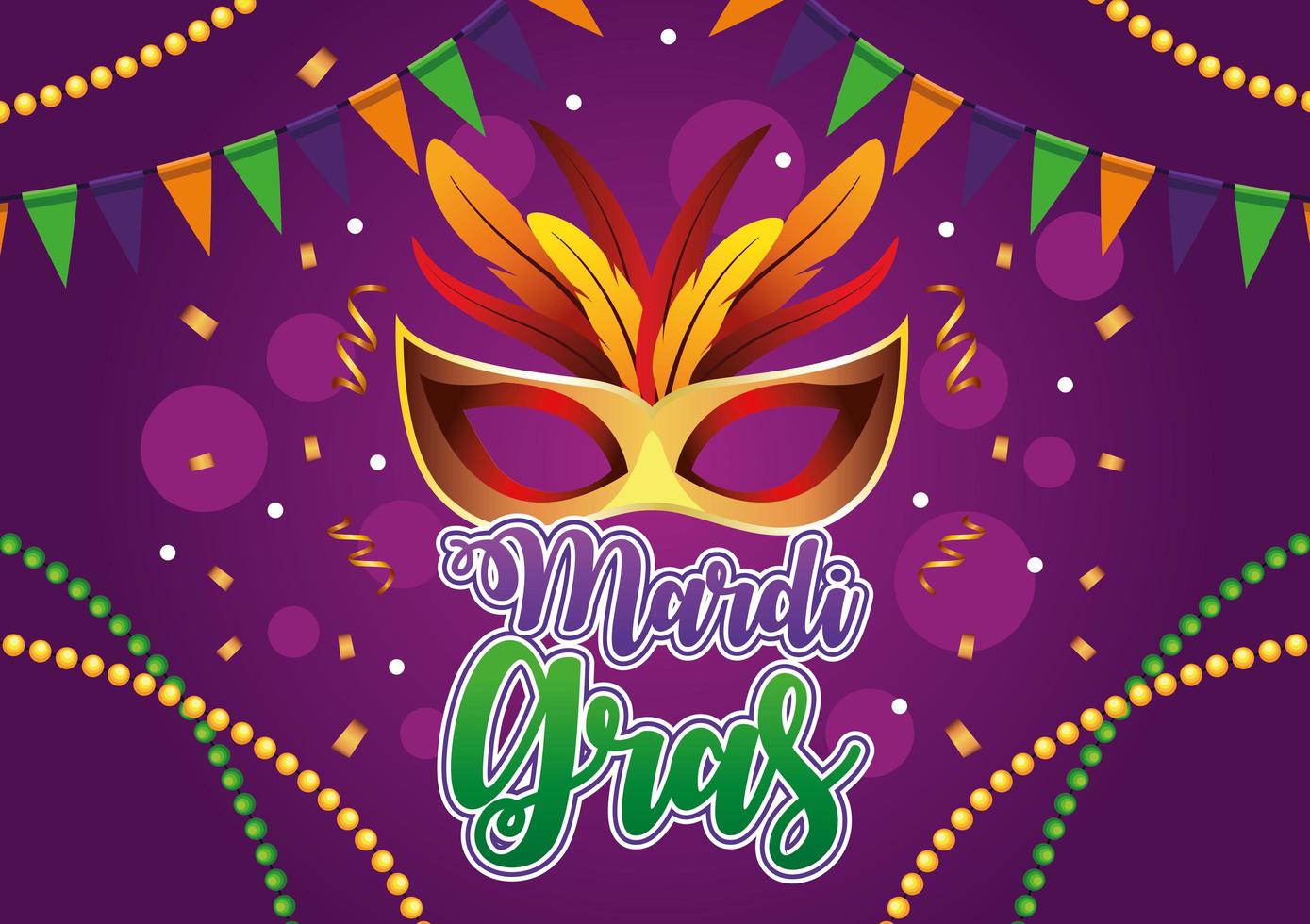 mardi gras celebration lettering with mask and feathers vector