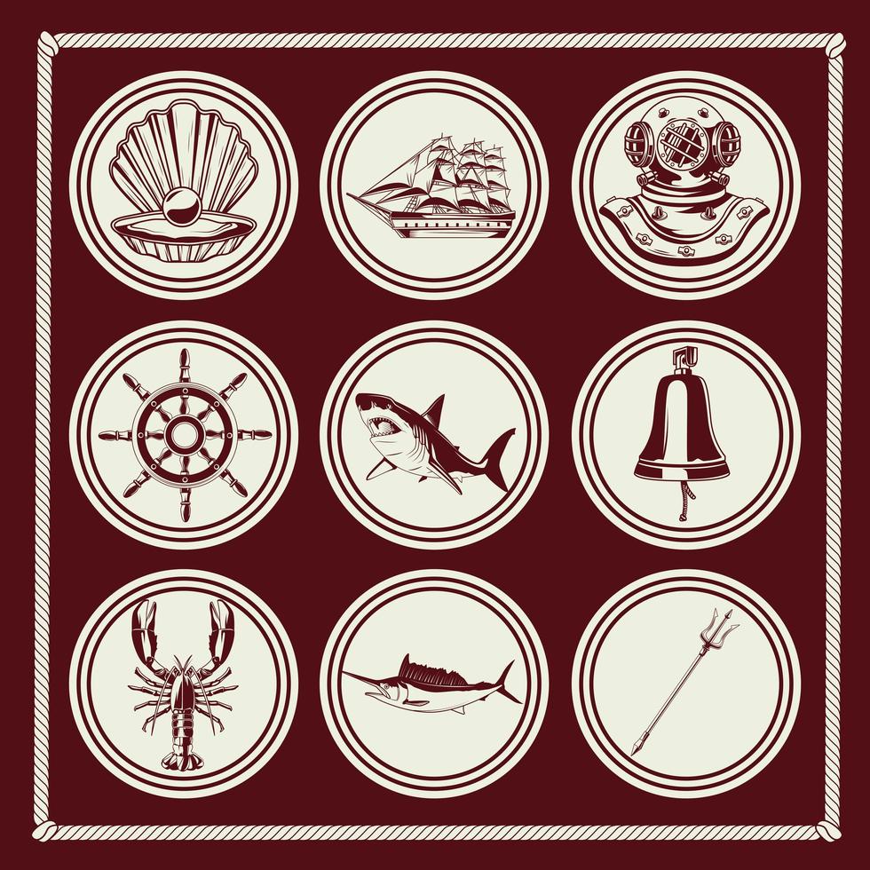 bundle of nine nautical elements set icons vector