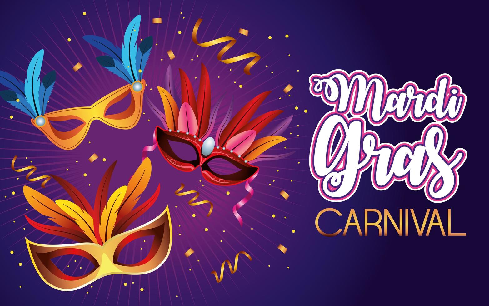 Letras de celebración de carnaval de Mardi Gras con máscaras y plumas vector