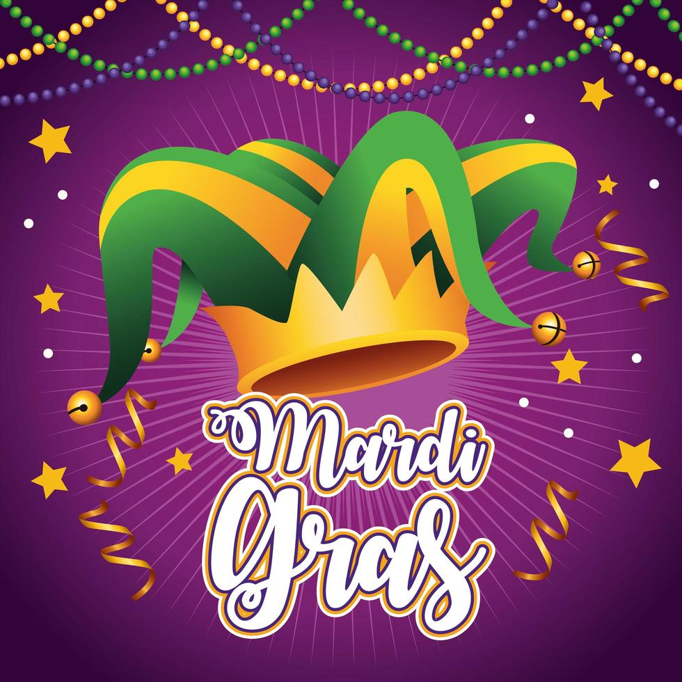 mardi gras carnival lettering with jester hat and garlands vector