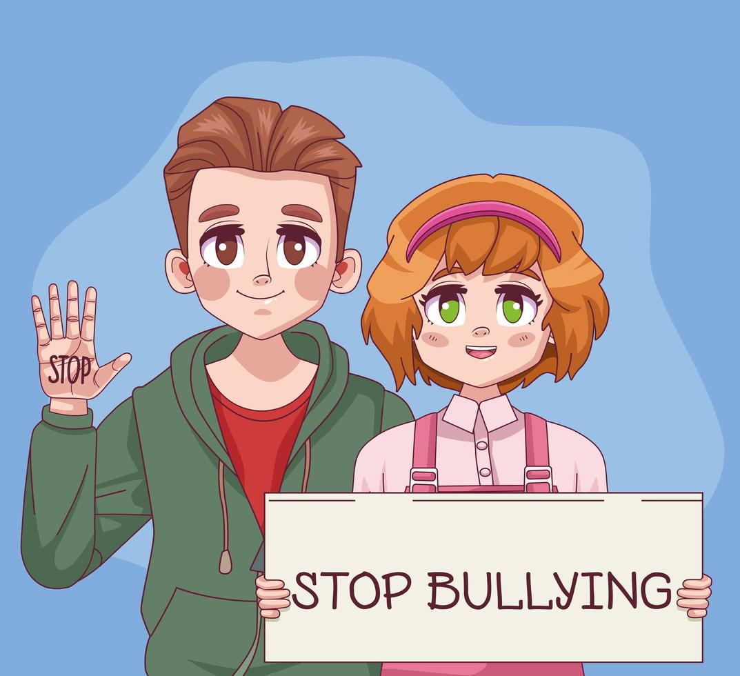 Pareja de jóvenes adolescentes con letras de stop bullying en la etiqueta vector