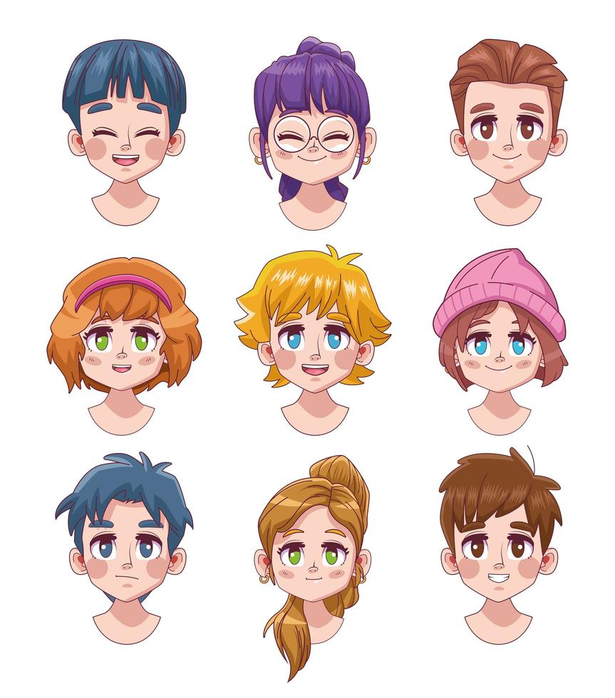 grupo de nueve lindos jóvenes adolescentes manga personajes de anime vector