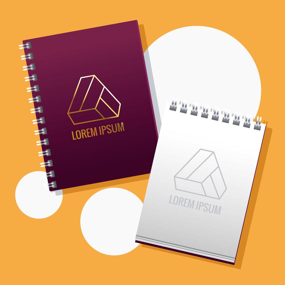 notebooks with traingle emblems mockup branding vector