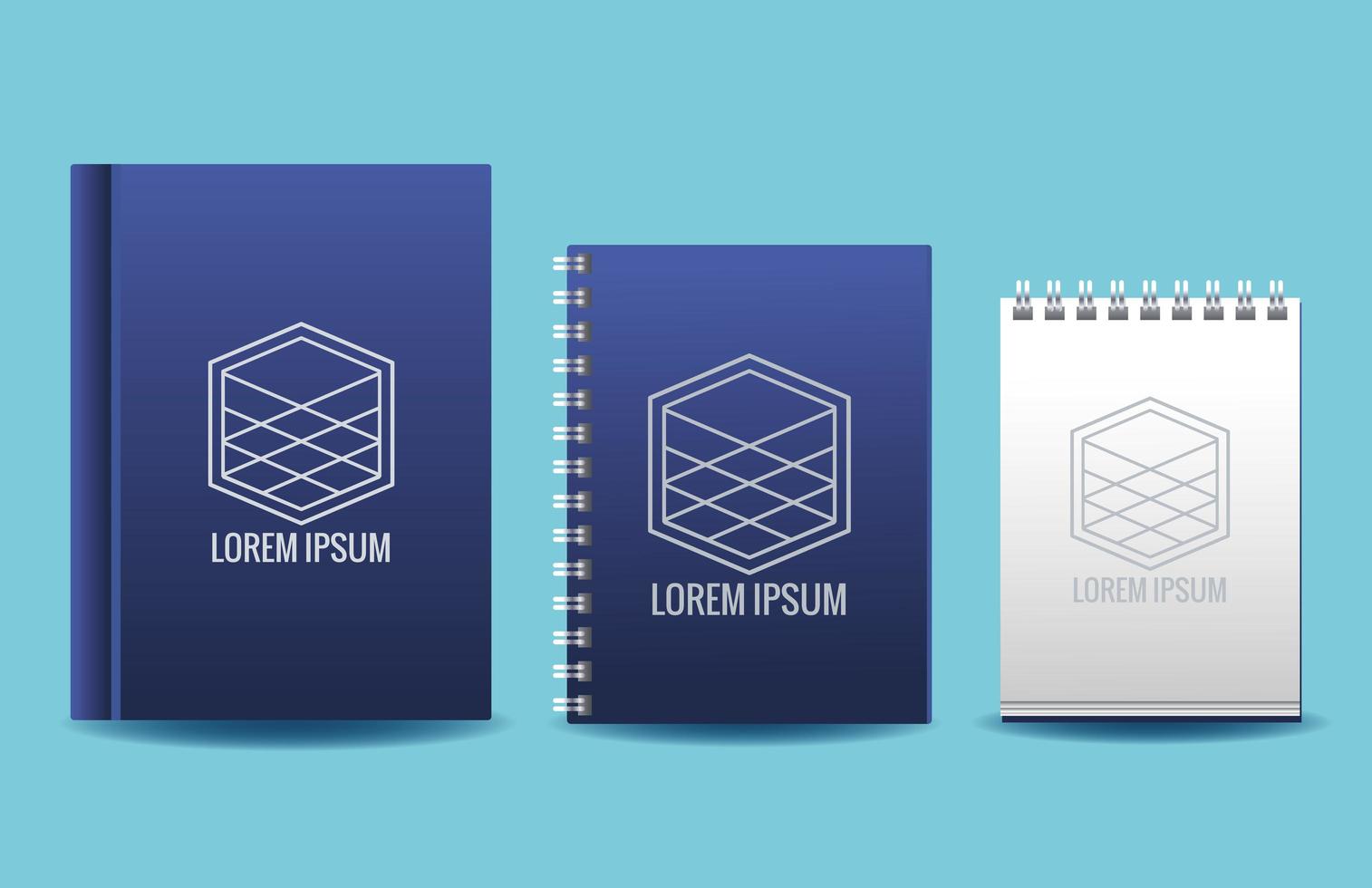 notebooks with cubes emblems mockup branding vector