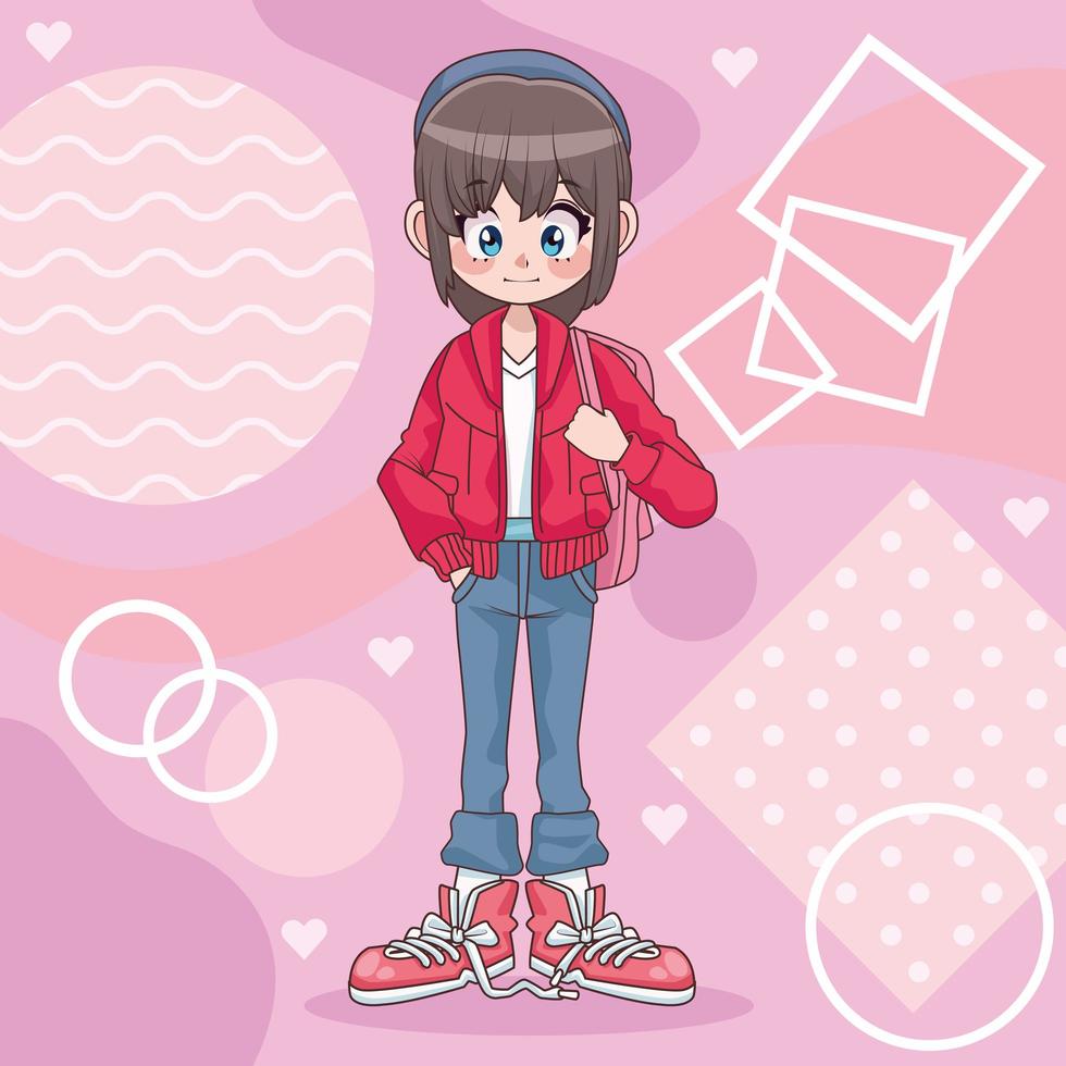 Hermosa chica adolescente con personaje de anime mochila en fondo rosa vector