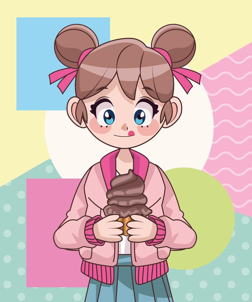 hermosa chica adolescente con dulce personaje de anime cupcake vector