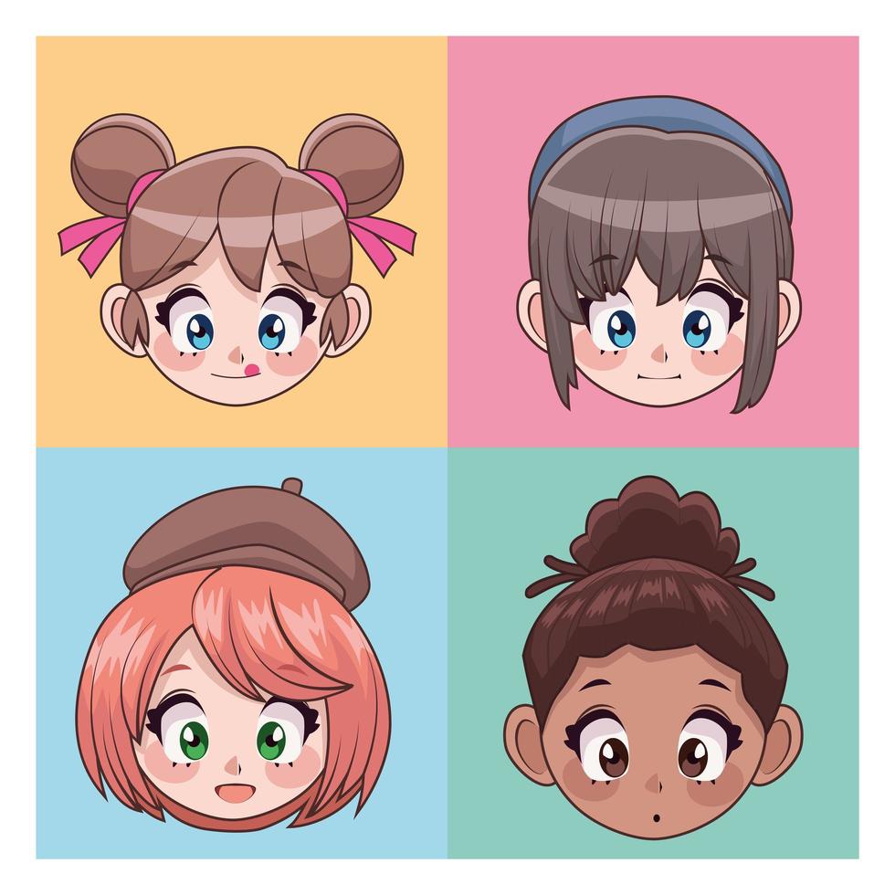 grupo de cuatro hermosas chicas adolescentes interraciales personajes de anime cabeza vector