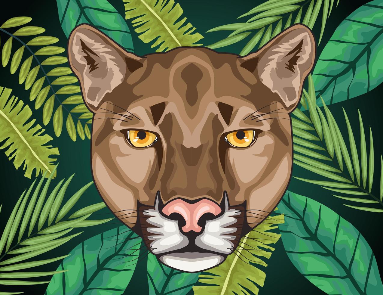 cougar animal wild head character in leafs background vector
