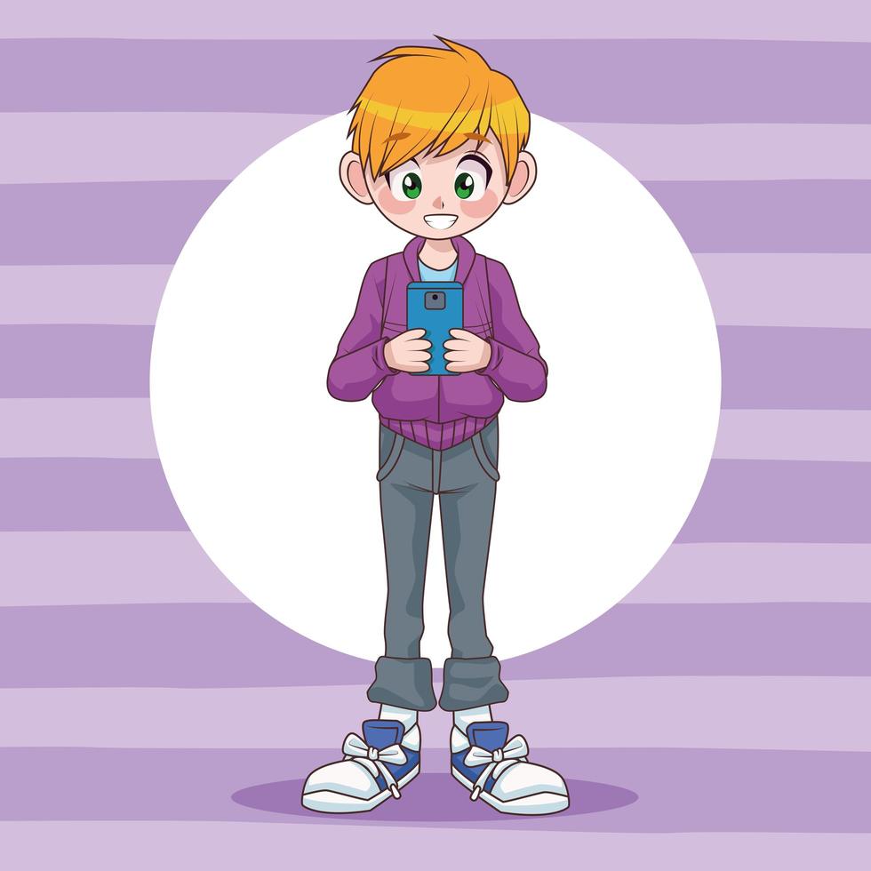 young teenager boy kid using smartphone device character vector