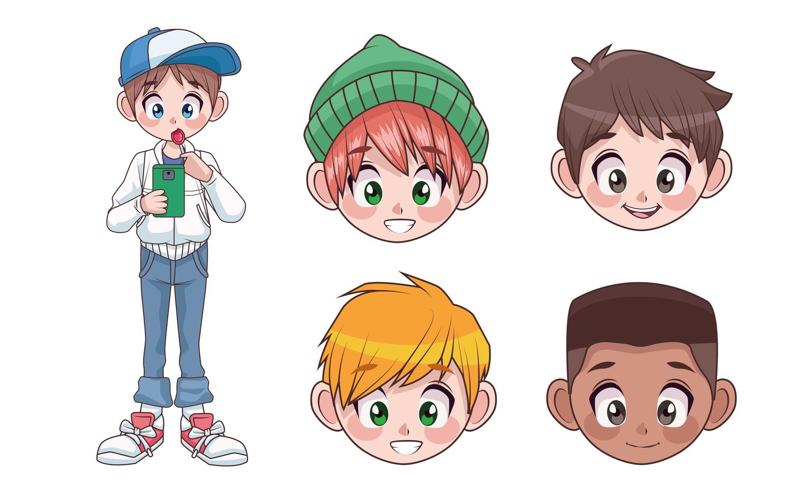 group of five young interracial teenagers boys kids heads characters vector