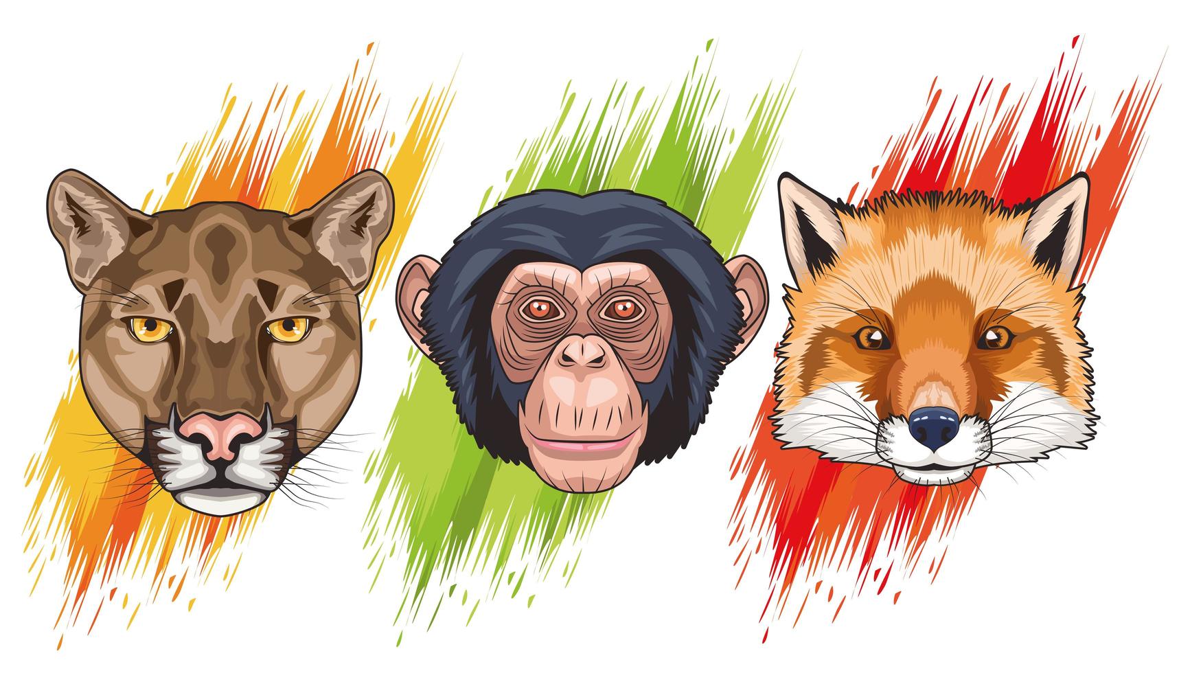 paquete de tres personajes de cabezas de animales vector