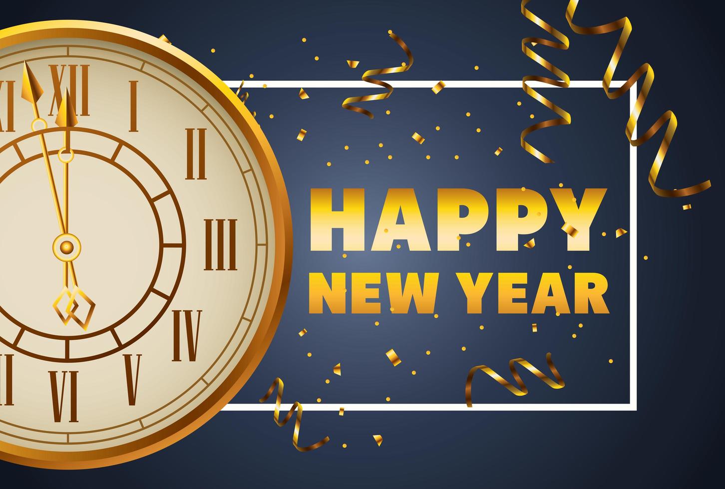 happy new year golden watch and lettering in square frame vector