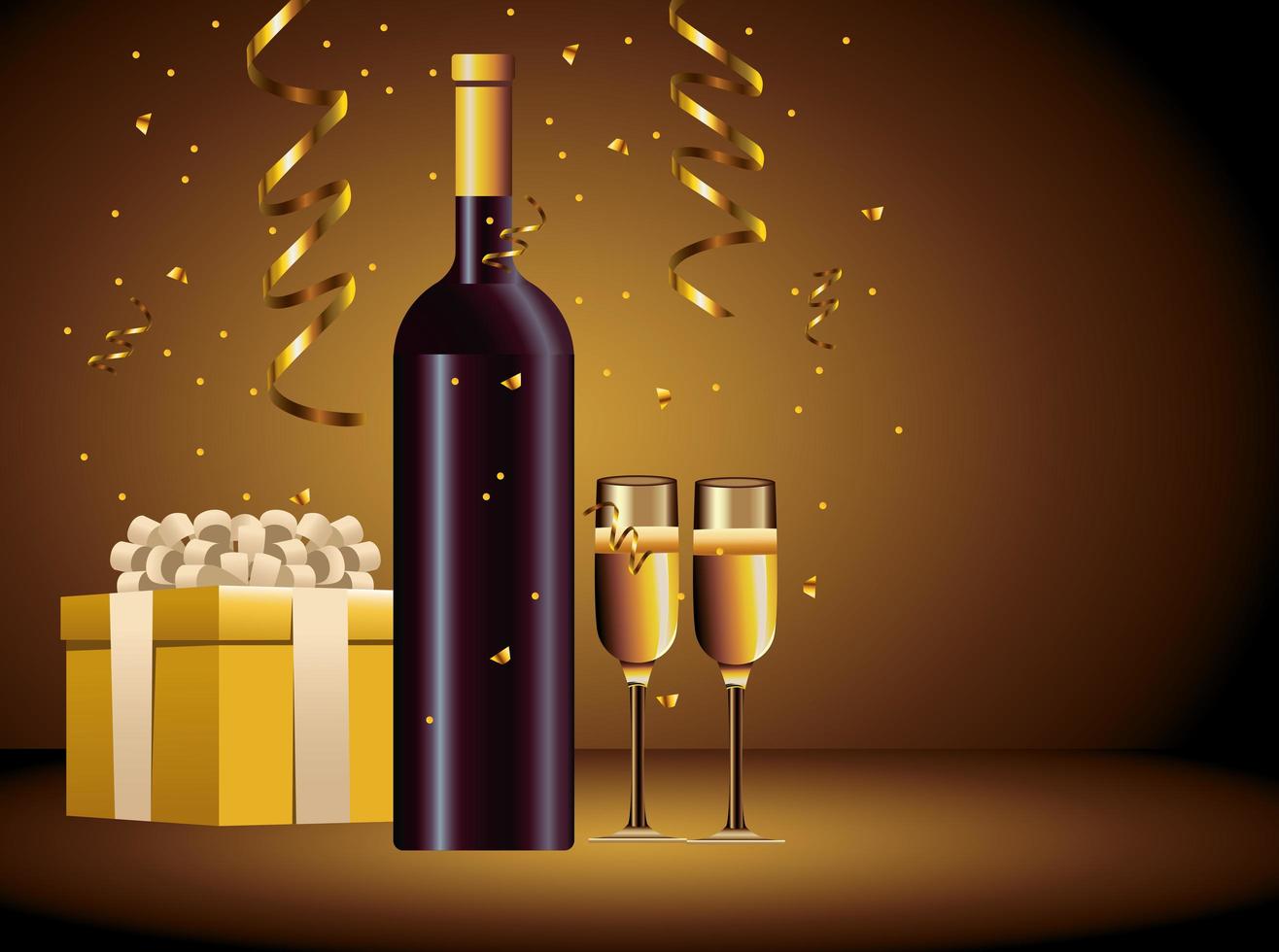 happy merry christmas champagne bottle and cupe with gifts vector