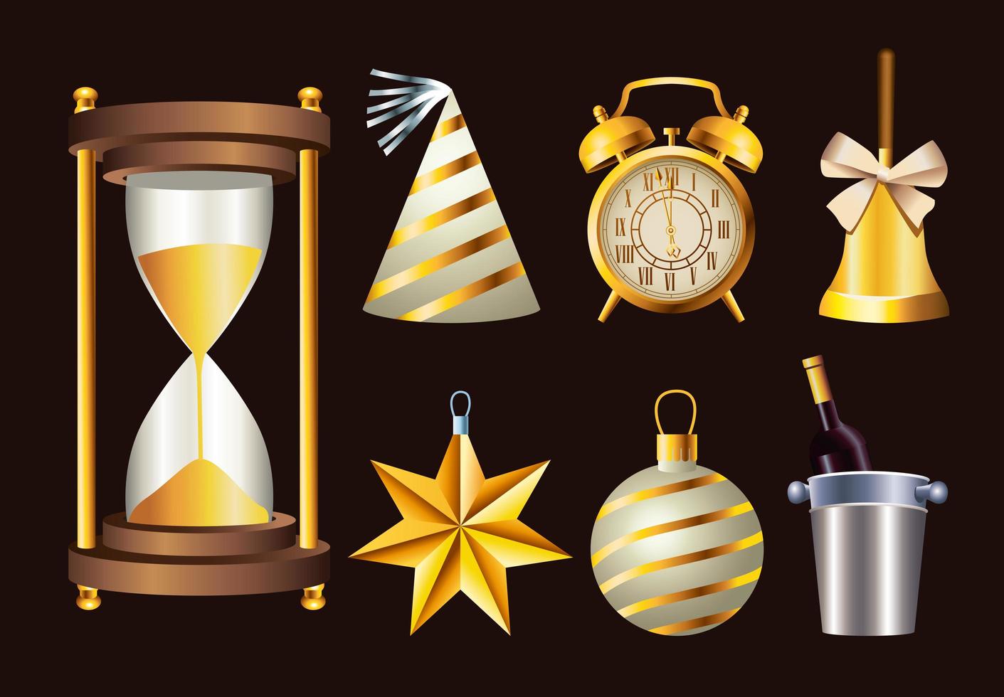 Feliz celebración de año nuevo con paquete de siete iconos de conjunto vector