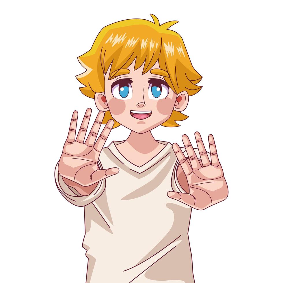 young teenager blond boy comic anime character with hands stoping vector